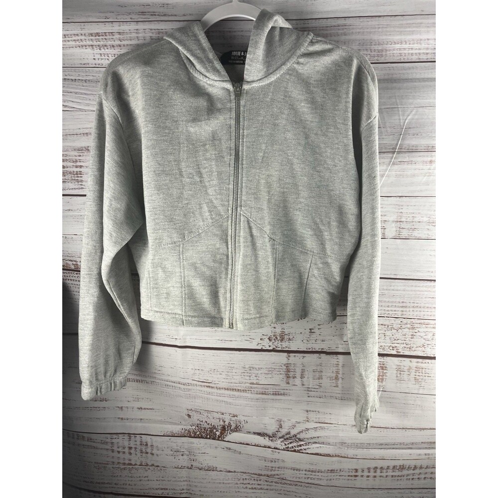 JOLIE & JOY Cropped Hoodie Sweater Womens XL Gray Zip Up Long Sleeve Cotton Bl